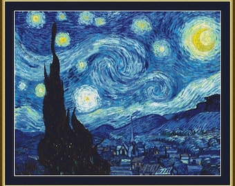 Starry Night by Vincent van Gogh Counted Cross Stitch Pattern in PDF for Instant Download