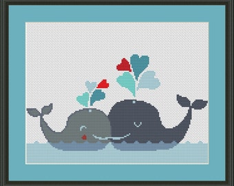 Kissing Whales Romantic Counted Cross Stitch Pattern (10.36 x 6.21 inches or 26.31 x 15.78 cm) download printable PDF file (4003)