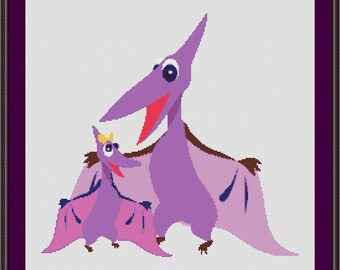 Baby and Mama Pterodactyl Dinosaur Counted Cross Stitch Pattern in PDF for Instant Download