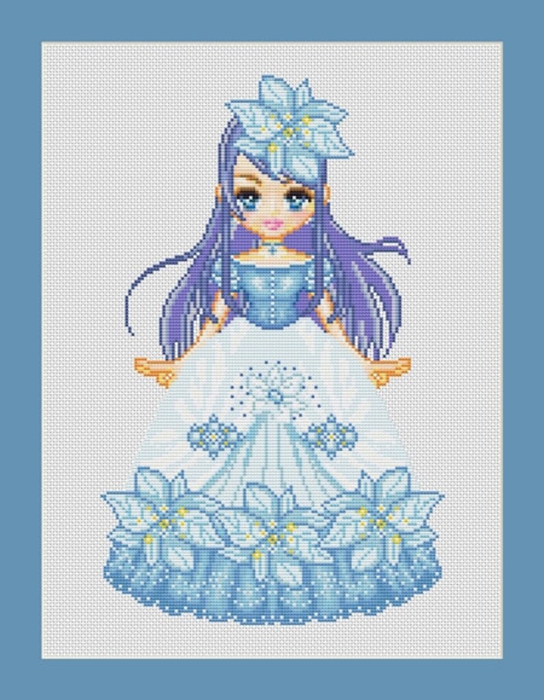 Blue Flower Girl Anime Fairy Counted Cross Stitch Pattern ...