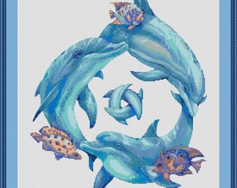 Three Dolphins with Fish Counted Cross Stitch Pattern in PDF for Instant Download