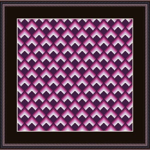 May include: A geometric pattern with a repeating design of pink and white triangles on a dark purple background.
