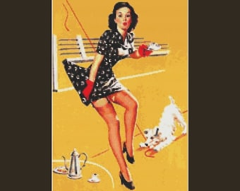 Pin Up Girl with White Puppy by Gil Elvgren Counted Cross Stitch Pattern (9.71 x 14 in or 25 x 35.56 cm) download printable PDF file (4019)