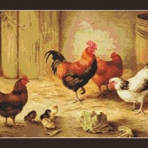 Puede incluir: Una pintura de un gallo, dos gallinas y un grupo de pollitos en un entorno de granero. El gallo es rojo, negro y blanco, y las gallinas son marrones y blancas. Los pollitos son amarillos. El granero está hecho de madera y tiene un barril de madera en el fondo.