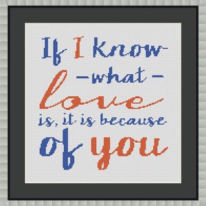 May include: Cross-stitch embroidery with the text "If I know -what- love is, it is because of you" in blue and orange thread on a white background.