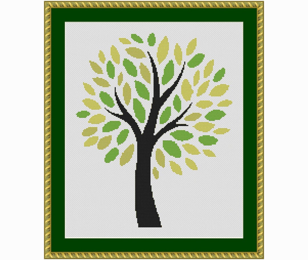 Tree With Green and Olive Leaves Counted Cross Stitch Pattern in PDF ...