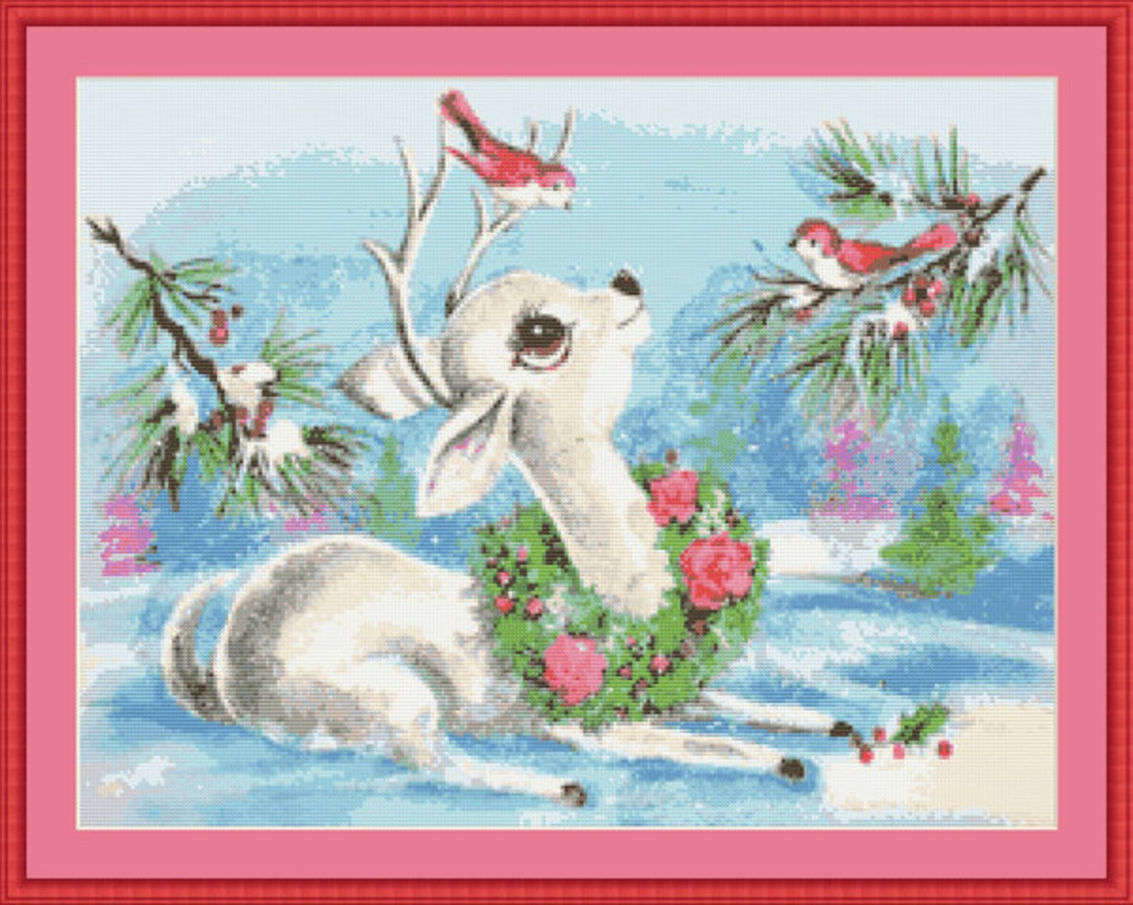 White Christmas Deer With Red Birds in the Snow Counted Cross Etsy