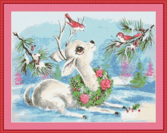 White Christmas Deer with Red Birds in the Snow Counted Cross Stitch Pattern in PDF for Instant Download