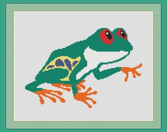 Red Eyed Green Tree Frog Counted Cross Stitch Pattern (9.14 x 6.29 inches or 23.22 x 15.97 cm) download printable PDF file (4052)