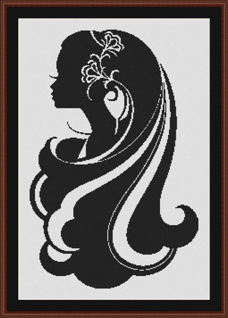 Pretty Lady With Long Hair Silhouette Black and White Counted - Etsy