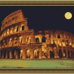 Colosseum At Night in Rome Italy Counted Cross Stitch Pattern in PDF for Instant Download