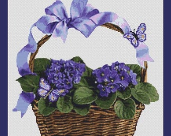 Violets and Butterflies Flower Basket Counted Cross Stitch Pattern (13.29 x 13.36 in or 33.75 x 34 cm) download printable PDF Chart (4038)