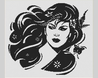 Nature Woman Silhouette Lady With Flowers In Her Hair Counted Cross Stitch Pattern in PDF for Instant Download