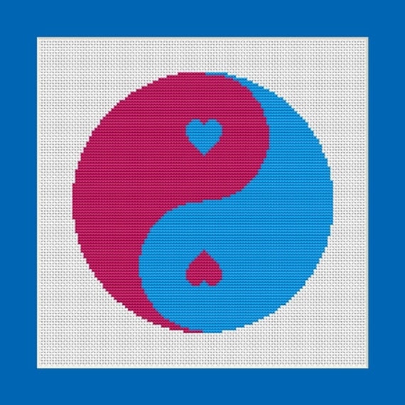 Pink And Blue Yin Yang Balanced Love Counted Cross Stitch Pattern In Pdf For Instant Download - 