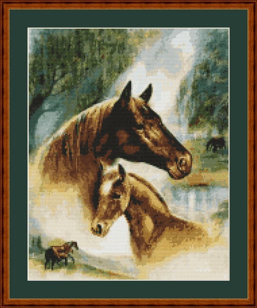 Mother's Love Mare and Foal Wild Horses Counted Cross Stitch Pattern in PDF for Instant Download