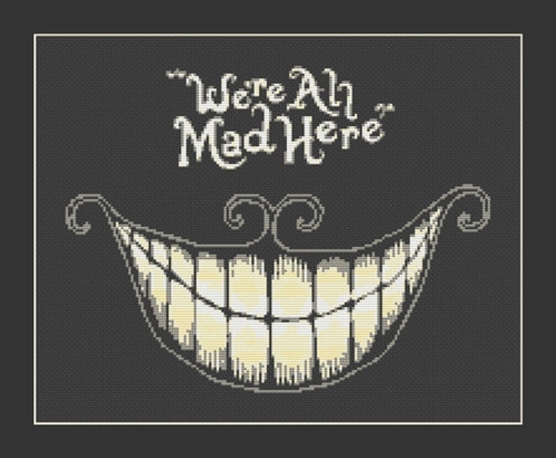 We re All Mad Here Alice In Wonderland Cheshire Cat Cross Stitch Pattern in PDF for Instant Download image 1
