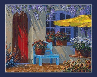 Red Door Cottage In The Spring Counted Cross Stitch Pattern in PDF for Instant Download