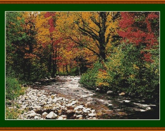 Fall Autumn Stream View Counted Cross Stitch Pattern in PDF for Instant Download