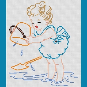 Little Girl Playing On The Beach Counted Cross Stitch Pattern in PDF for Instant Download