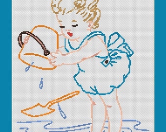 Little Girl Playing On The Beach Counted Cross Stitch Pattern in PDF for Instant Download