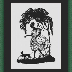 Victorian Lady Walking her Dog Cross Stitch Pattern (8011) PDF format for easy printing.