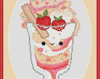 Strawberry Ice Cream Sundae Counted Cross Stitch Pattern in PDF for Instant Download
