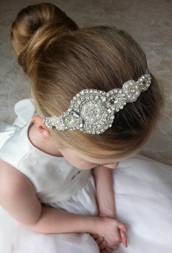 Flower Girl Bridesmaid First Communion Hair Accessory Rhinestone Pearl Applique Sash