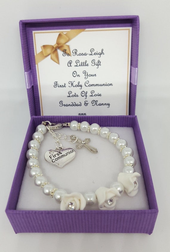 Braccialetto bianco con finte perle per ragazze regalo per prima comunione con biglietto Braccialetto bianco con finte perle per ragazze regalo per prima comunione con biglietto