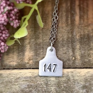 Tiny Cow Tag | Cattle Ear Tag Number Necklace | Hand Stamped