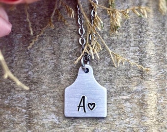 Cow Tag | Tiny Ear Tag Heart Necklace | Hand Stamped | Initials