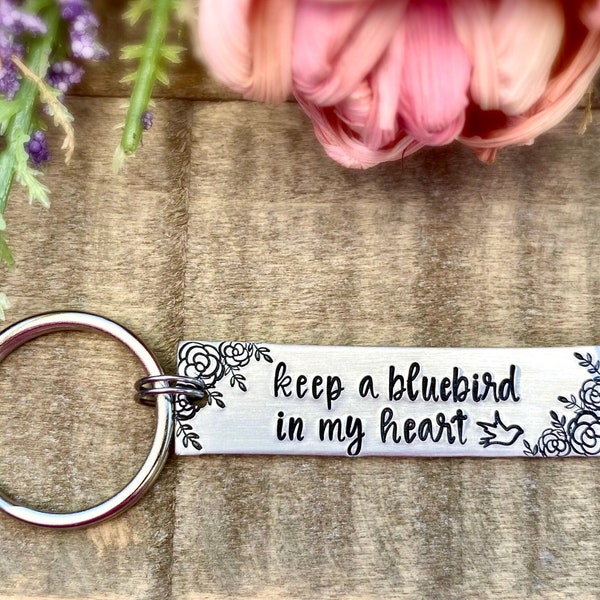 Aluminum | Bluebird | Floral Hand Stamped | Keychain | Song Lyrics