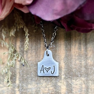 Aluminum Cattle Tag | Tiny Ear Tag Heart Necklace | Hand Stamped | Initials | Anniversary | Couple’s  Gift