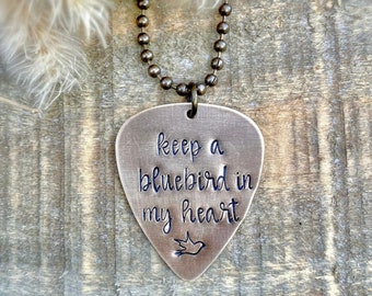 Rustic Guitar Pick | Bluebird | Hand Stamped Necklace | Song Lyrics |