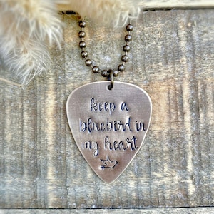 Rustic Guitar Pick | Bluebird | Hand Stamped Necklace | Song Lyrics |