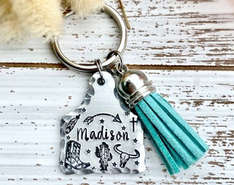 Hand Stamped | Southwestern Cattle Ear Tag | Custom Keychain | Western Cowgirl | Farm | Personalized | Name