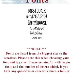 May include: A white background with the word "Fonts" in burgundy script. Below, six font styles are displayed: Mistlock, Margarita, Farmhouse, Shadows, Carolina, and Lawson. Additional text provides font size information.