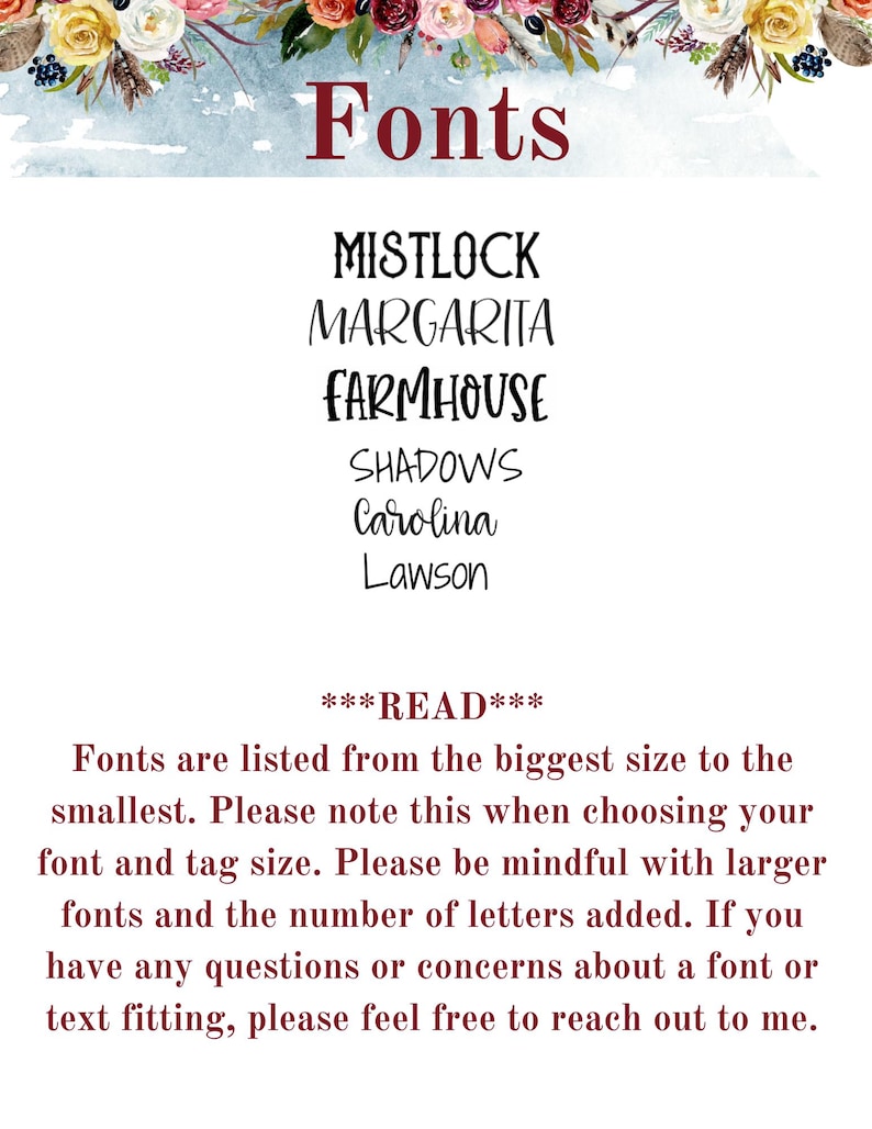 May include: A white background with the word "Fonts" in burgundy script. Below, six font styles are displayed: Mistlock, Margarita, Farmhouse, Shadows, Carolina, and Lawson. Additional text provides font size information.