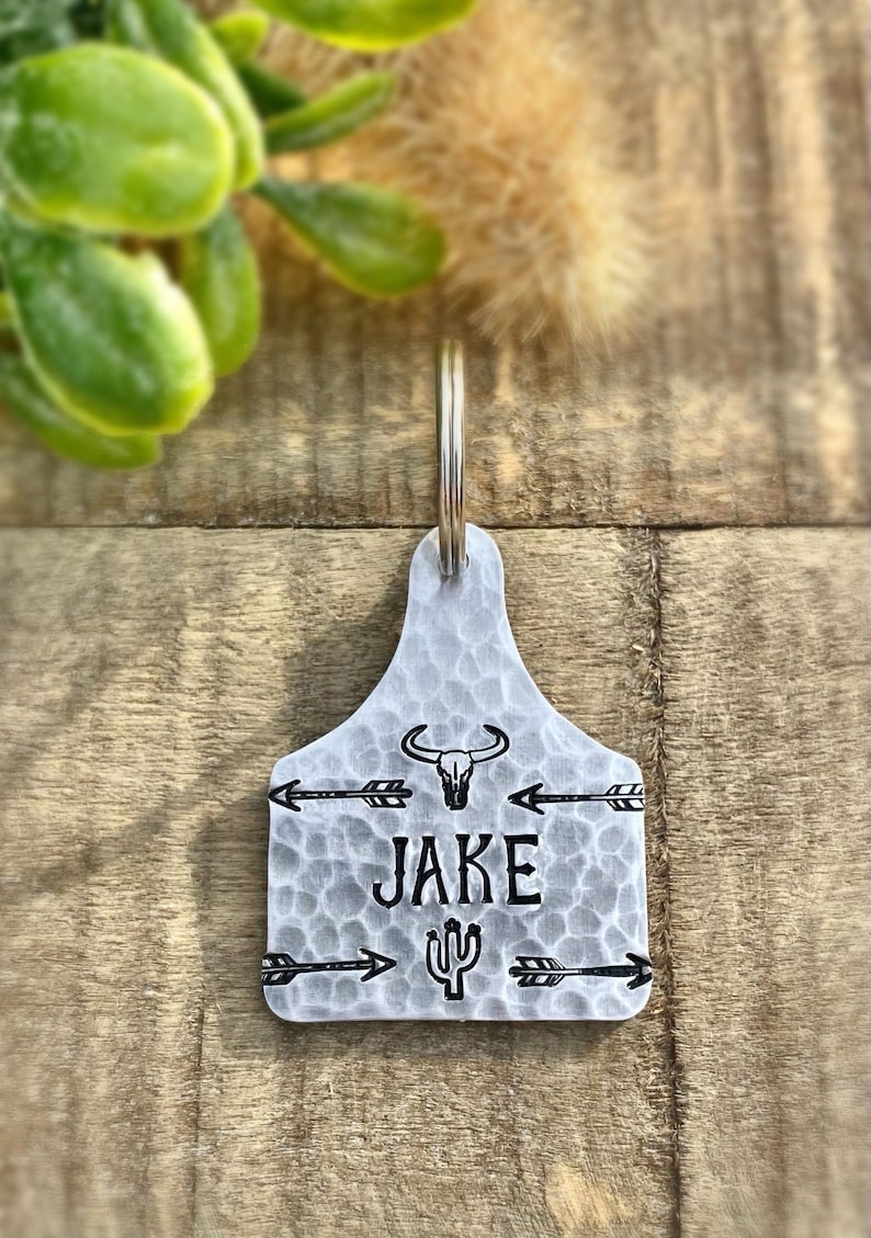 May include: A silver metal tag with a hammered texture, featuring the name "JAKE" in bold letters. The tag is adorned with a bull skull, arrows, and a cactus design. A silver ring is attached at the top for hanging.
