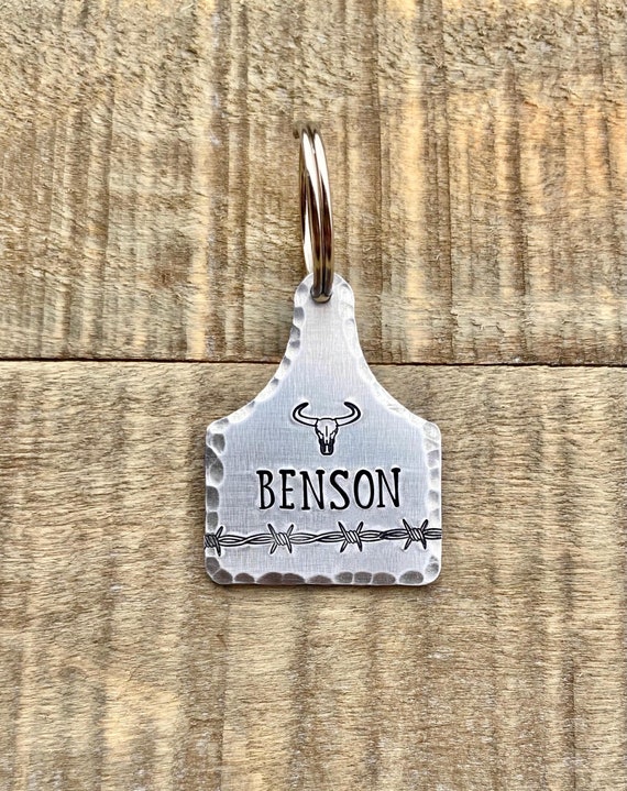 Aluminum Pet ID Tag | Bull Skull Barbwire Cattle Tag | Dog Tag | Pet Tag | Farm | Hand Stamped