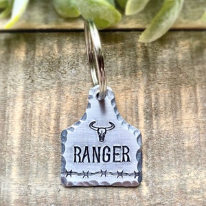 Aluminum Pet ID Tag | Bull Skull Barbwire Cattle Tag | Dog Tag | Pet Tag | Farm | Hand Stamped