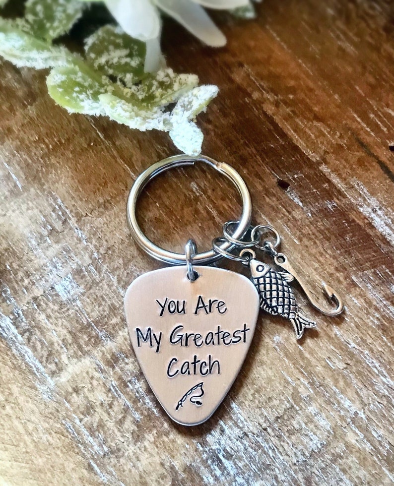 Fishing Hook You Are My Greatest Catch Hand Stamped Keychain Couples Anniversary Present Gift