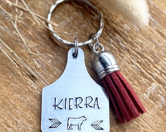 Hairy Cow Stamped Leather Ear Tag Key chain