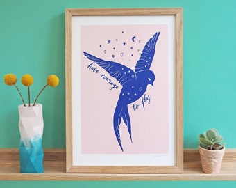 Have Courage To Fly Print, A5 Print, A4 print, digital art, illustration, pink print, wall art, original print, artwork