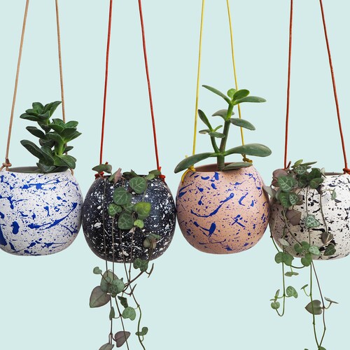 Hand-painted Ceramic Splatter Round Hanging Planter