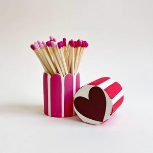 Love Heart Scalloped Stripy Matchstick Pot / Love Matches with Heart Striker