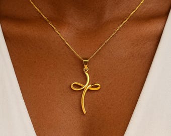 14K Solid Gold Ribbon Cross Pendant Necklace – Elegant Minimalist Christian Jewelry, Polished Gold Cross Gift for Women