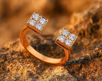 8k Gold,14K Gold Open Ring with Dual Square Settings | CVD Diamond Modern Statement Ring | Minimalist Geometric Adjustable Ring for Women