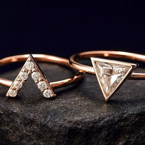 8K Gold V Ring with D Color VVS1 Moissanite & Triangle CZ Ring | Minimalist Geometric Stacking Rings | Modern Engagement Ring Set
