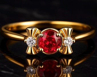 8K Solid Gold Ring with CZ Ruby & D Color VVS1 Moissanite – Luxury Red Gemstone Engagement or Statement Ring