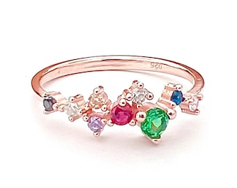 Zierlicher Cluster Ring / Multicolor Ring / Roségoldring Multicolor / Multicolor Cluster Ring, Roségoldring, Goldring, Cluster Ring